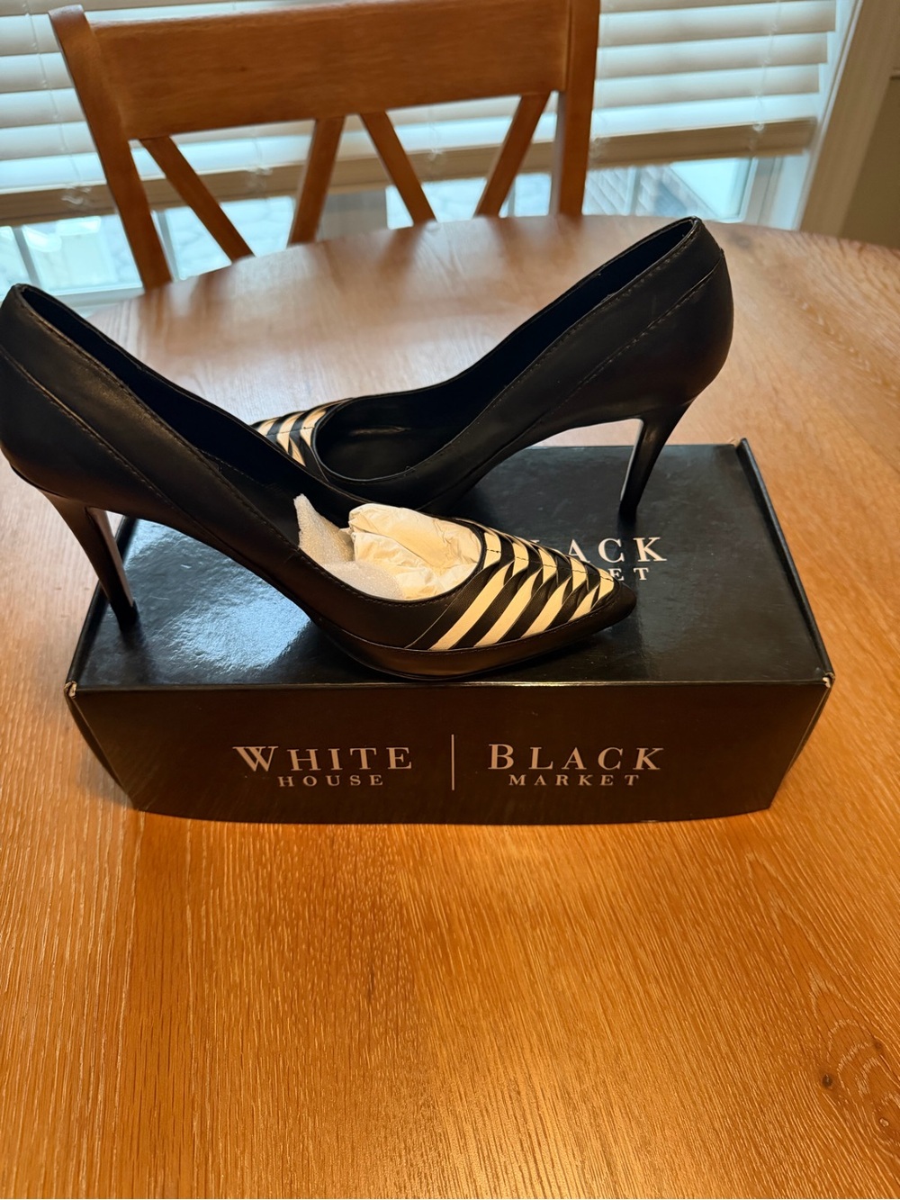 White House Black Market Black Pumps with White Striped Pointed Toe
